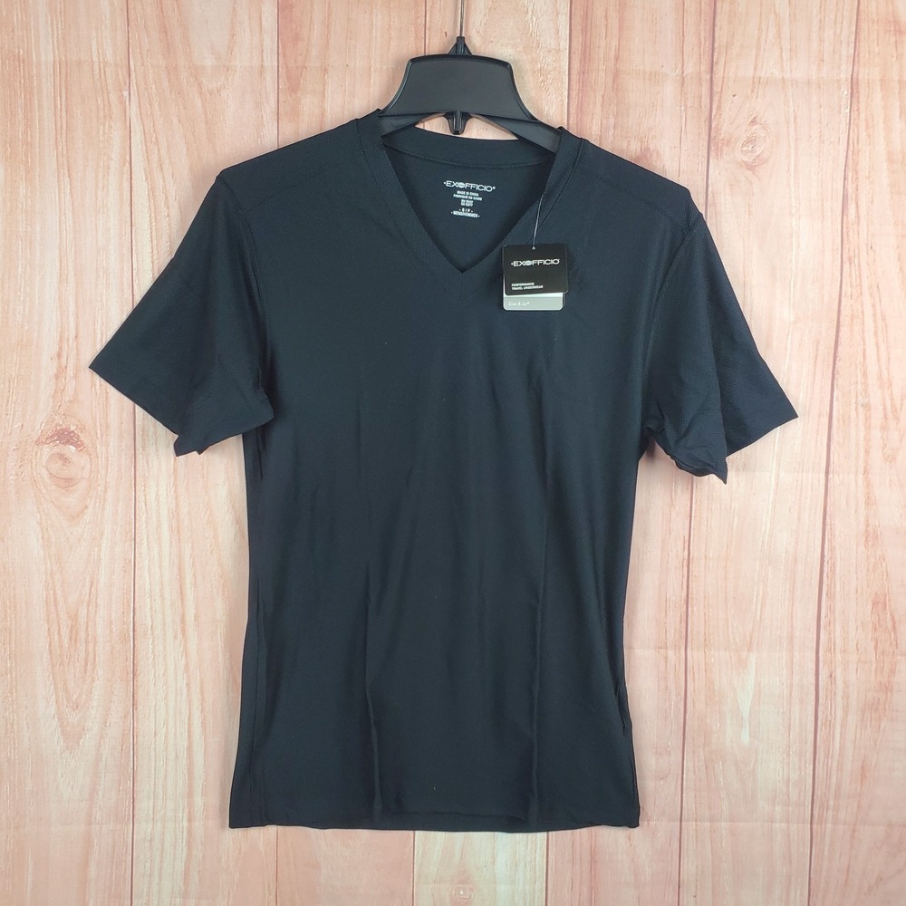 Exofficio Give N Go T Shirt Mens Small Black Nylon Stretch V Neck Casual‎ Wear